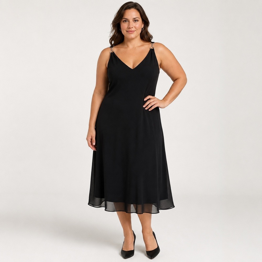 Sheri Martin New York Black Dress Size 14 Rhinestone Strap Midi V Neck